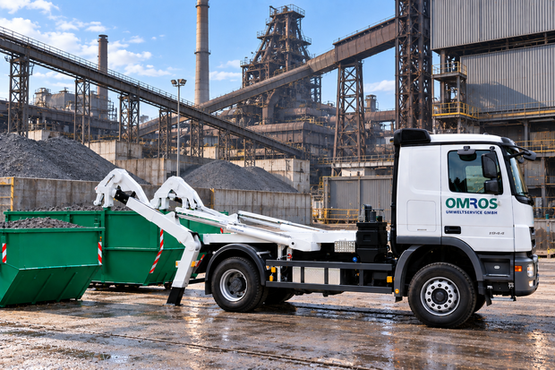 LKW von OMROS vor einem Stahlwerk