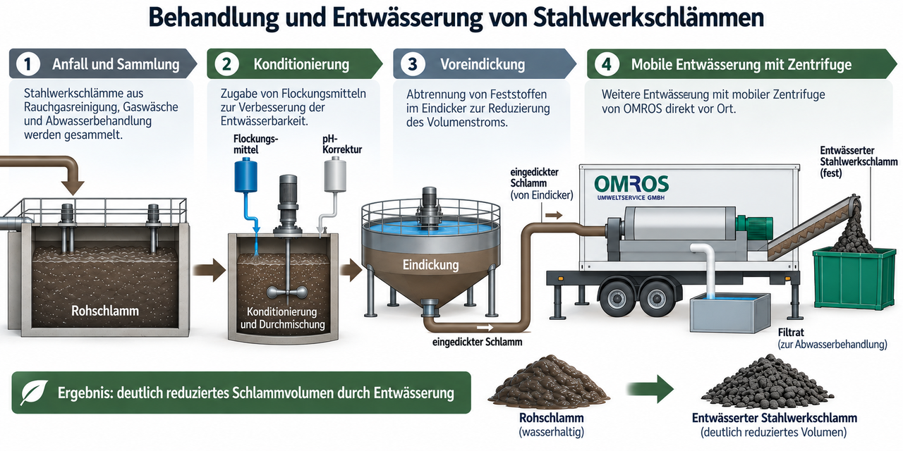 Grafik zur Behandlung und Entwässerung von Stahlwerkschlämmen